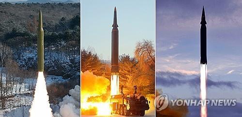 (평양 조선중앙통신=연합뉴스) 북한 미사일총국은 지난 14일 오후 극초음속 기동형 조종 전투부를 장착한 중장거리 고체연료<br>
탄도미사일 시험발사가 성공적으로 진행됐다고 조선중앙통신이 15일 보도했다. 왼쪽부터 2024년 1월 14일에 발사된 고체연료<br>
추진 극초음속 미사일, 2022년 1월과 2021년 9월의 액체연료 추진 극초음속 시험발사 장면. 2024.1.15