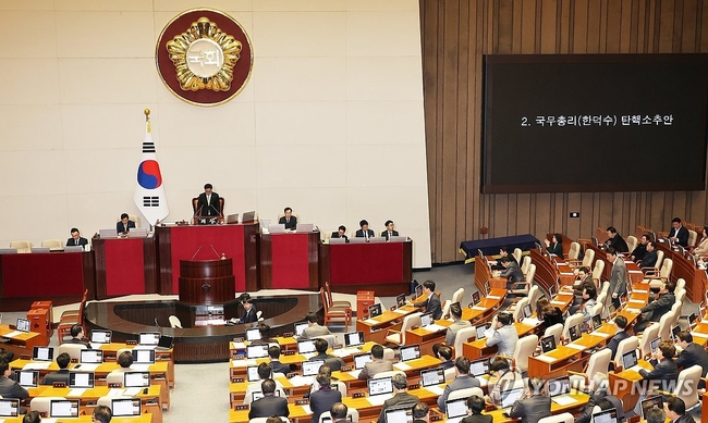 우원식 국회의장이 27일 오후 국회 본회의에서 한덕수 대통령 권한대행 국무총리 탄핵소추안을 상정하고 있다. 2024.12.27 <br>
【서울=연합뉴스】